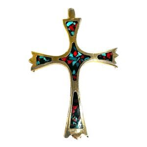 Gold Tone Cross Pendant Inlay Enamel Green and Red Tones over Black